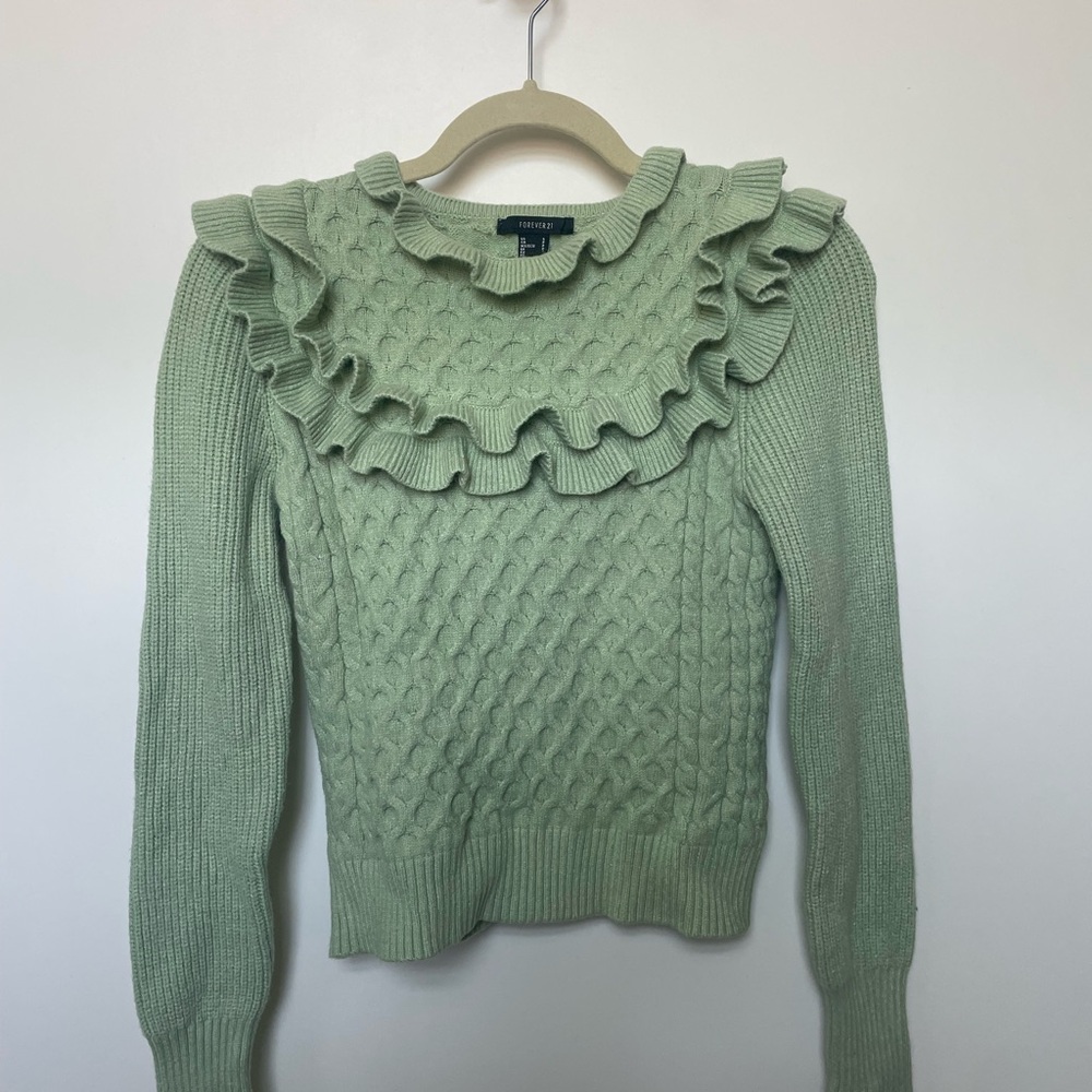 Forever 21 Womens S Green Ruffle Sweater Long Sleeve Honeycomb Knit Cottagecore